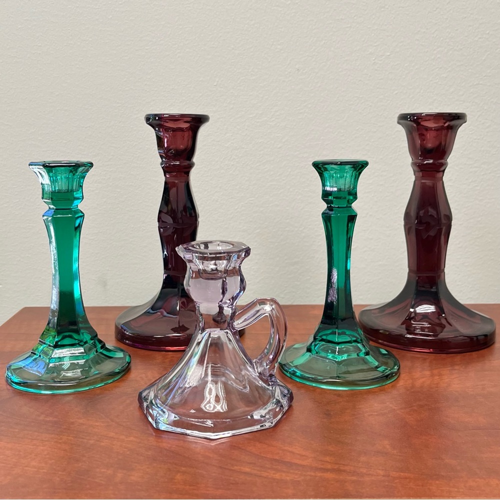 Vintage Glass Taper Candle Holders - Amethyst, Green, Lilac